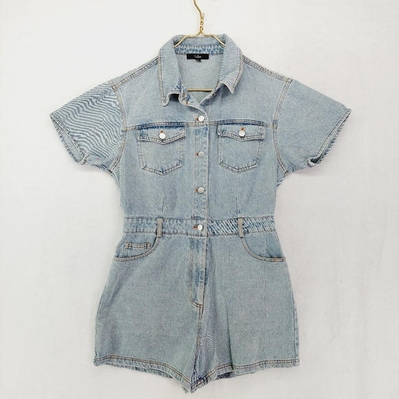 Lulus Pants - Lulu's Blue Short Sleeve Elastic Waist Rompers Casual Short Pants Jeans 1390